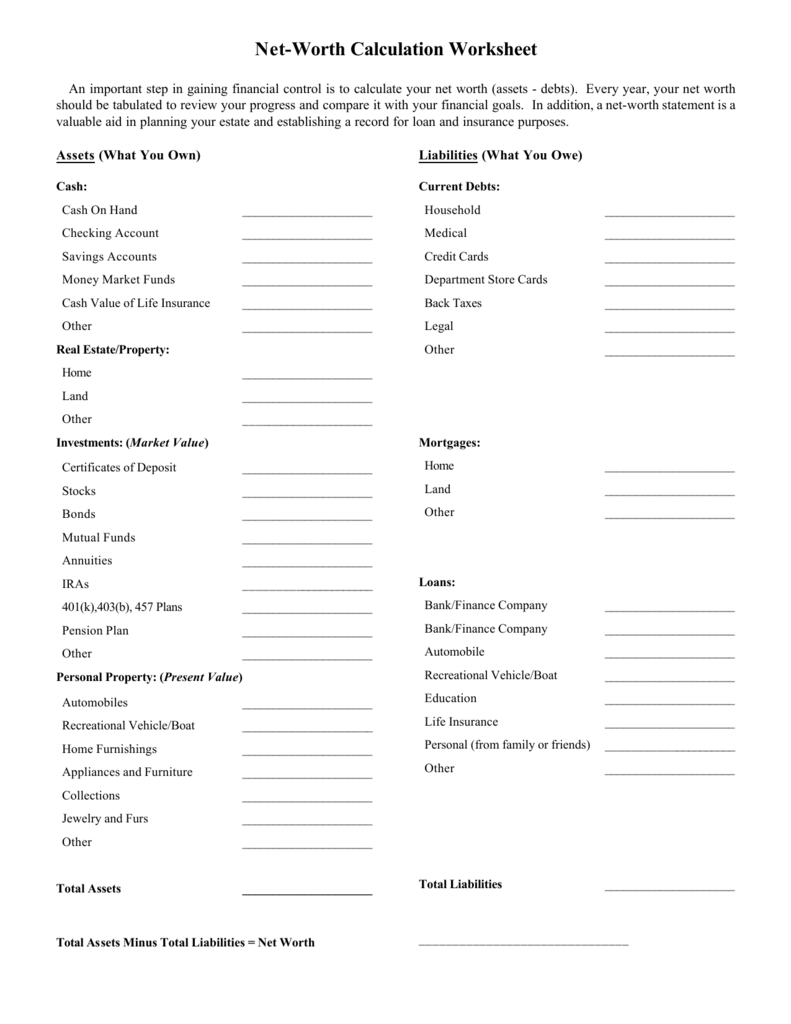 Net-Worth Calculation Worksheet Within Personal Net Worth Worksheet