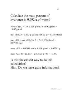 Calculate the mass percent of hydrogen in 0.692 g of water? Is this