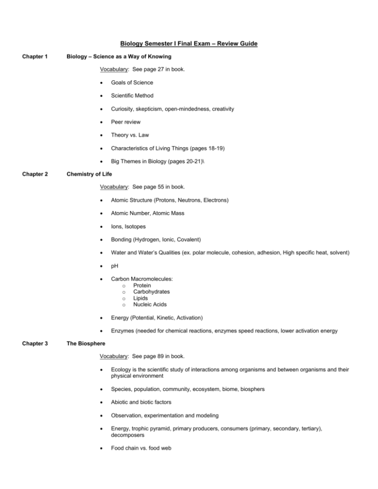 Biology Semester I Final Exam Review Guide