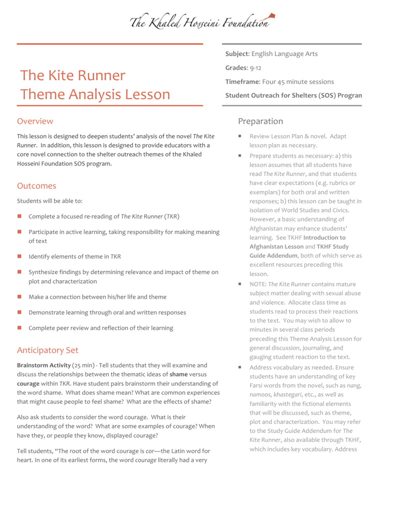 The Kite Runner Theme Analysis Lesson