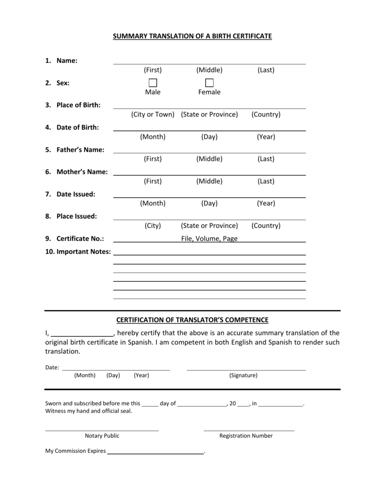 Sample Summary Translation of Birth Certificate