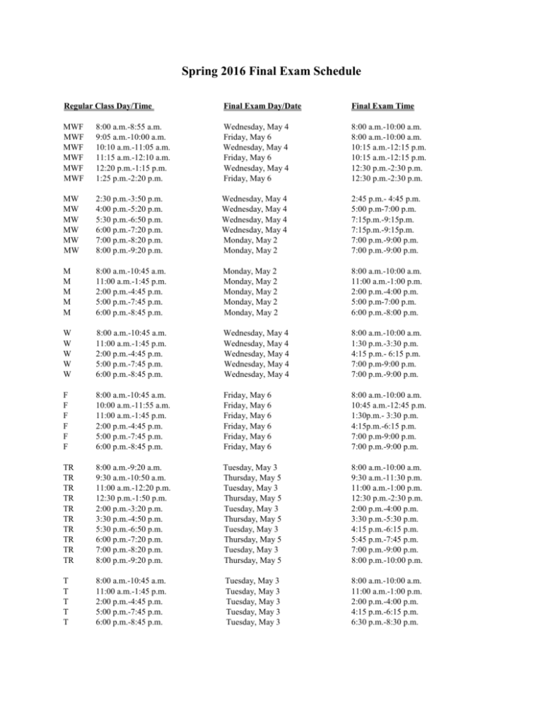 Oneonta Spring 2025 Finals Schedule