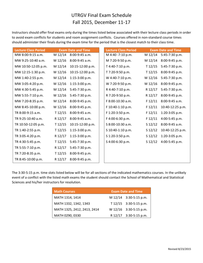 UTRGV Final Exam Schedule Fall 2015, December 11-17