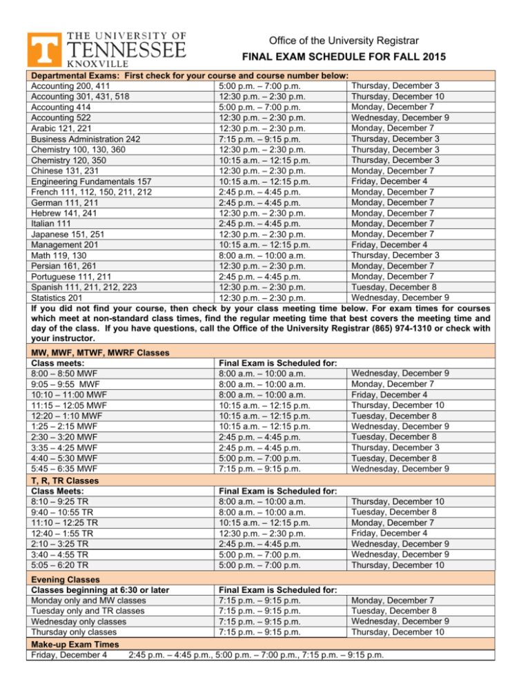 Office Of The University Registrar FINAL EXAM SCHEDULE FOR
