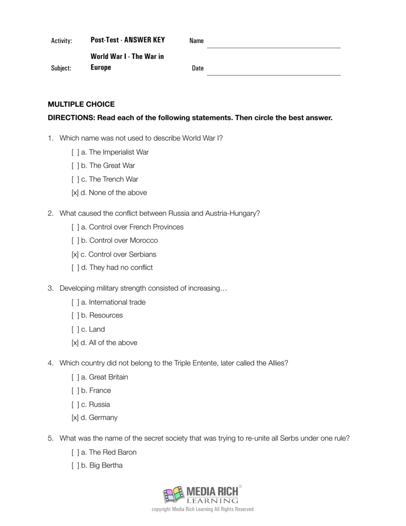 World War I The War In Europe Post Test