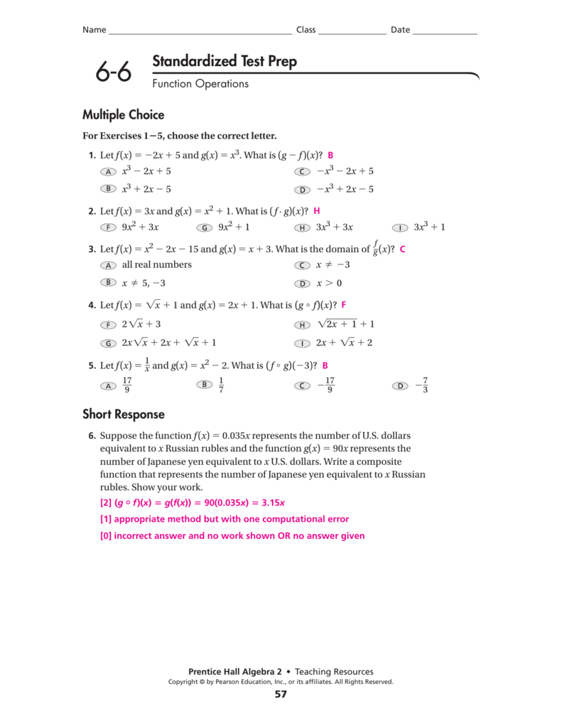 22-22 Standardized Test Prep Answers With Regard To Composite Function Worksheet Answer Key