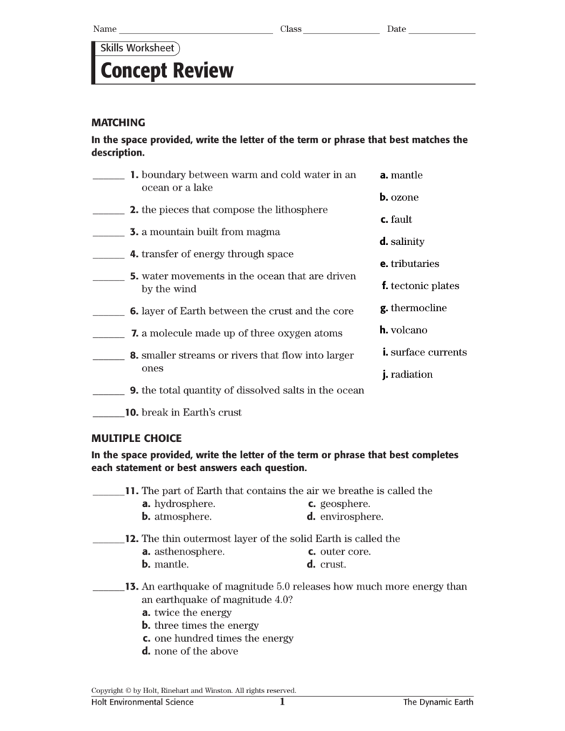 Concept Review - Earth Science Pertaining To Science Skills Worksheet Answer Key