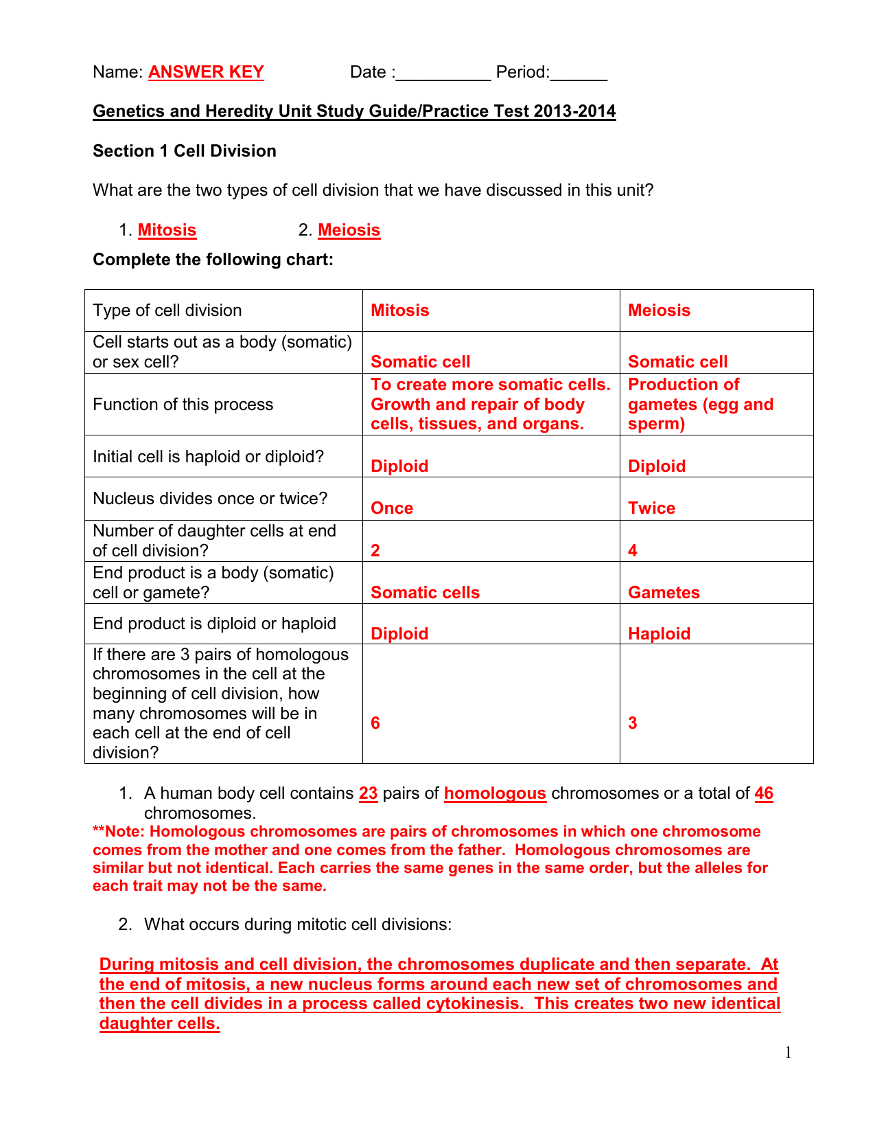 Mitosis Vs Meiosis Chart Pdf