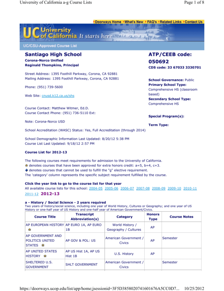 Santiago High School ATP CEEB Code 050692 Corona