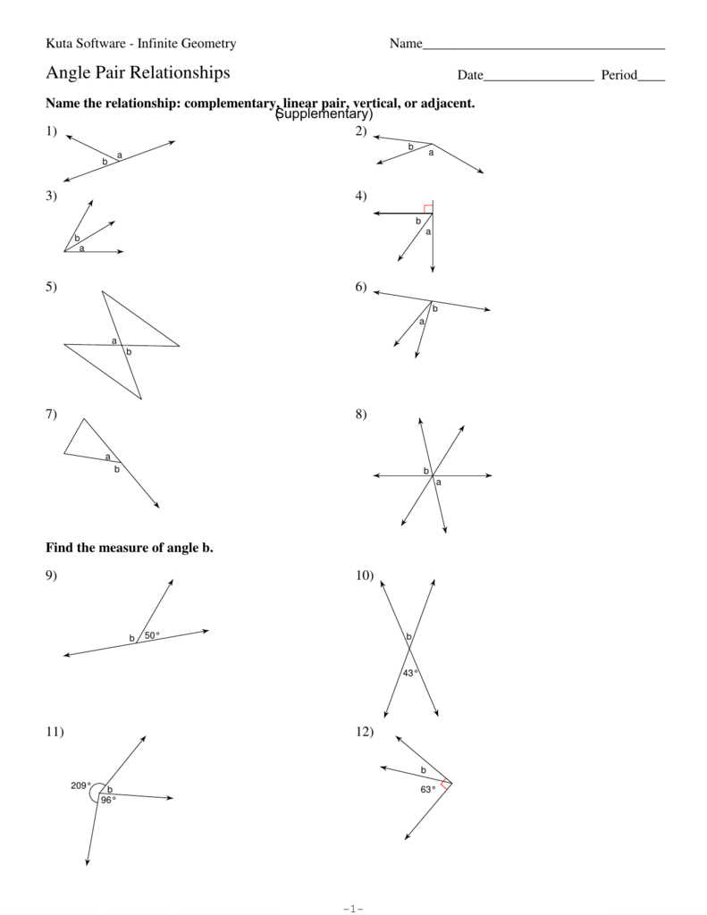 Angle Pair Relationships Practice WS With Angle Relationships Worksheet Answers