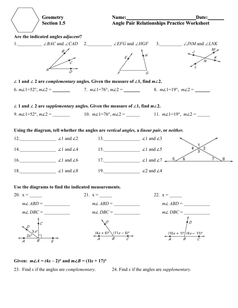 1111.1111 Angle Pair Relationships Practice Worksheet day 1111.jnt With Pairs Of Angles Worksheet Answers