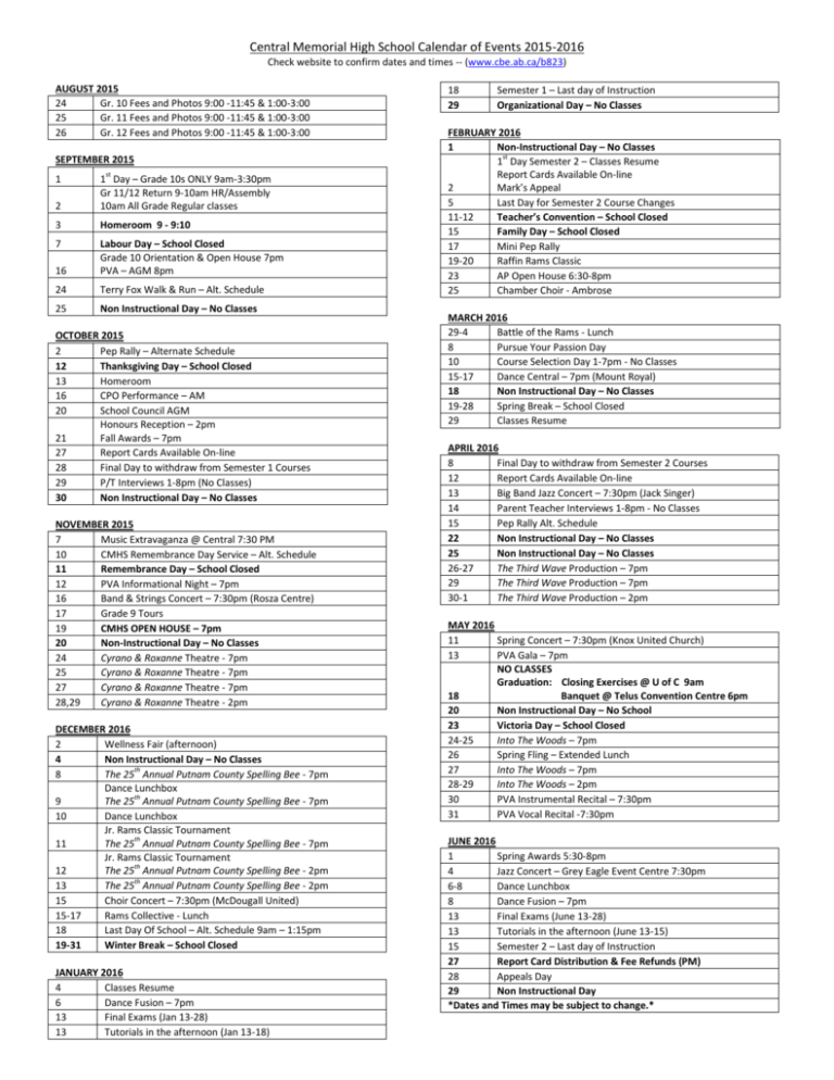 Central Memorial High School Calendar Of Events 2015 2016 Central Memorial High School Calendar Of Events 2015 2016