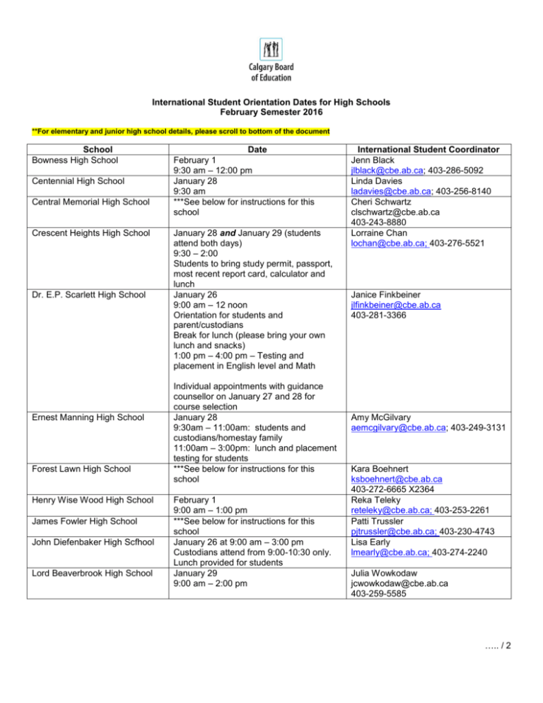 International Student Orientation Dates for High Schools February