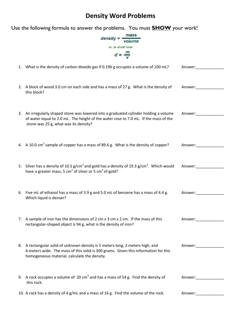 Density Word Problems Throughout Volume Word Problems Worksheet