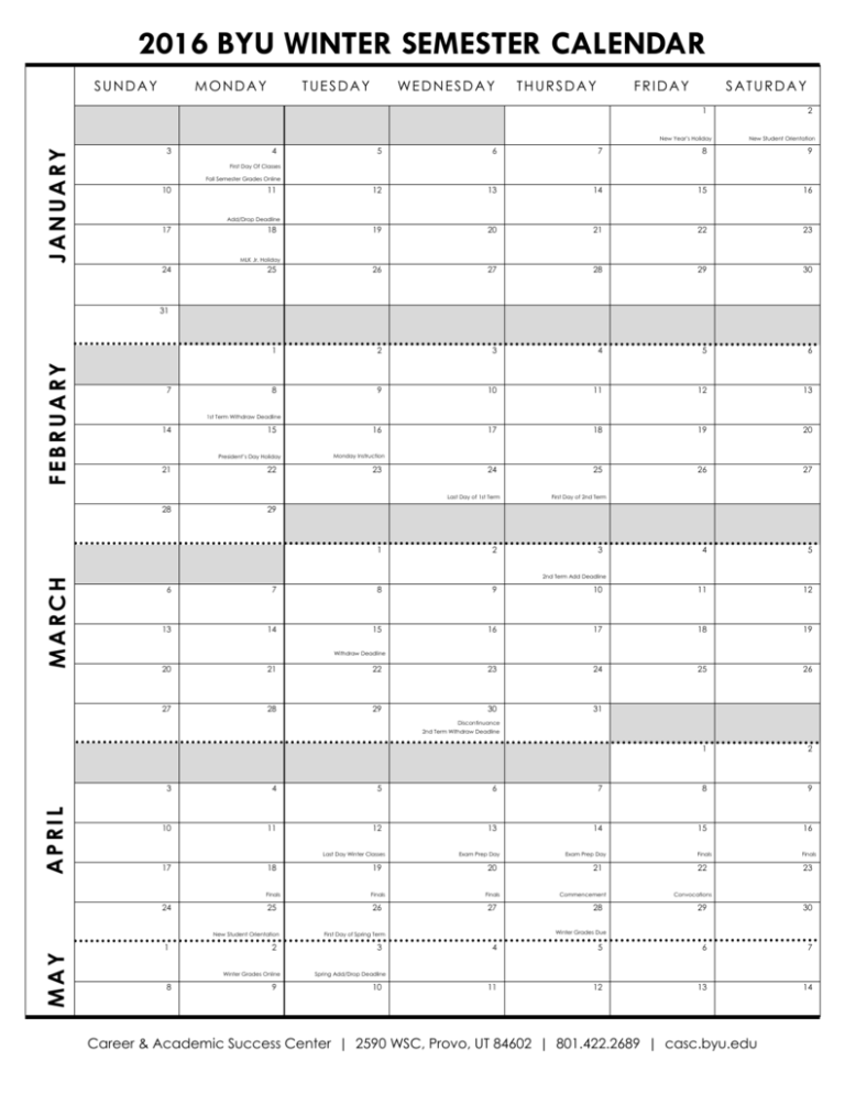 BYU Academic Calendar Career Academic Success Center