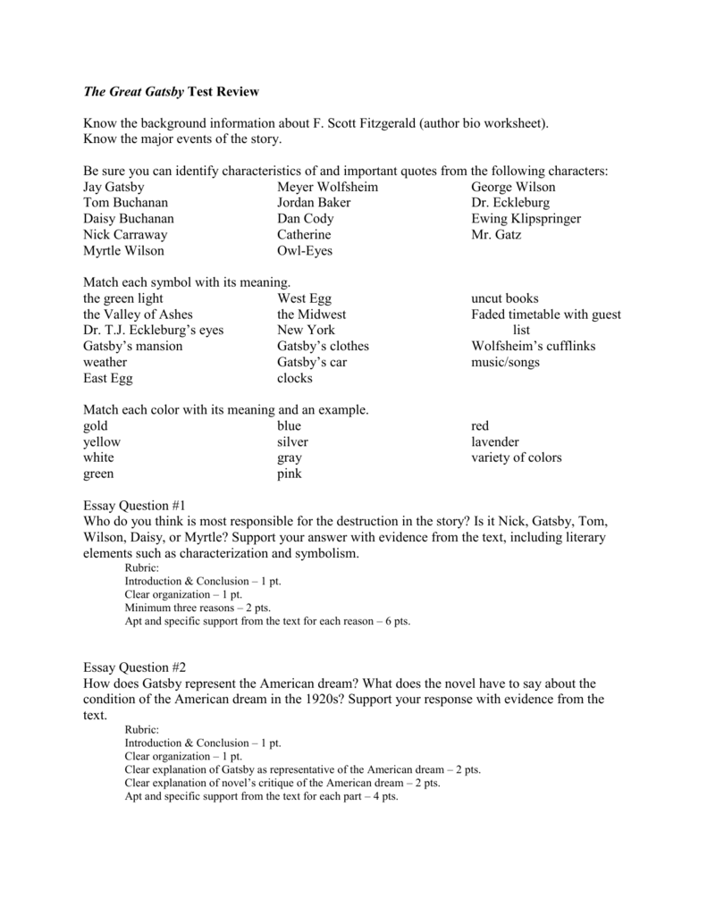 Great Gatsby Final Test Questions and Answers Latest 2023/2024