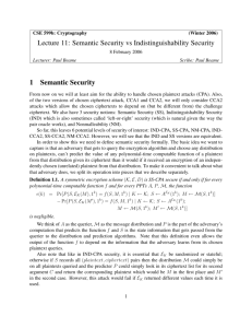 Lecture 11: Semantic Security vs Indistinguishability Security 1