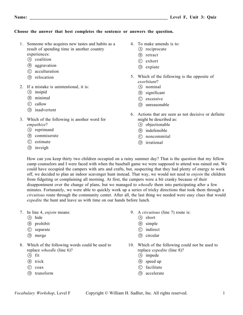 Level F Unit 3 Quiz Vocabulary Workshop Level F Sadlier