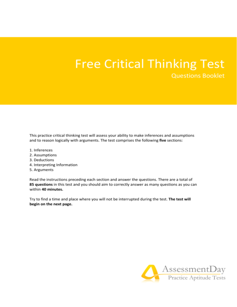 critical thinking assessment test free