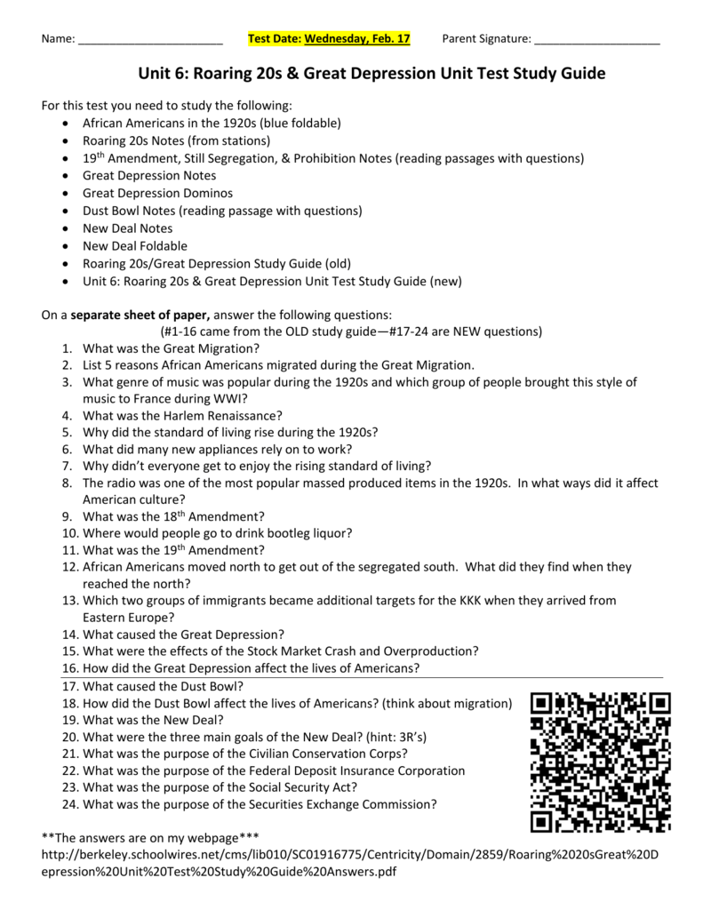 Unit 6 Roaring 20s Great Depression Unit Test Study Guide Unit 6 Roaring 20s Great Depression Unit Test Study Guide