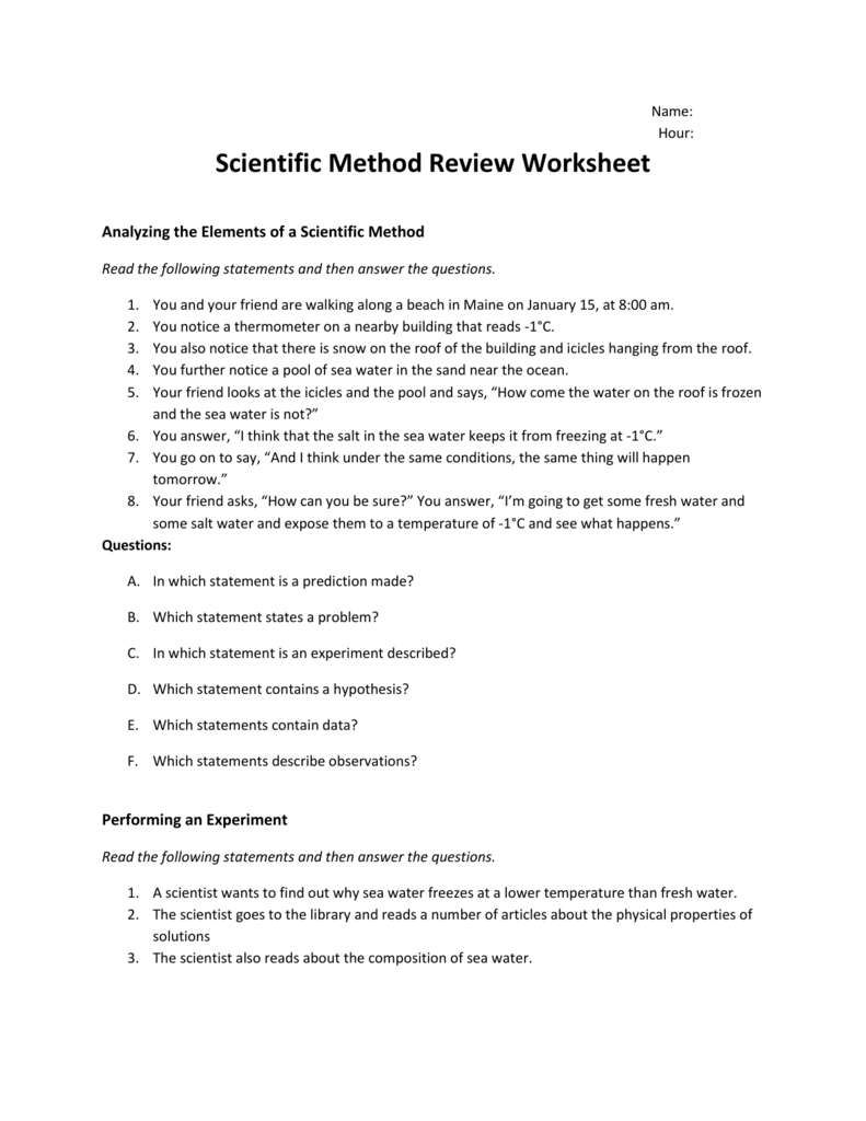 Scientific Method Review Worksheet Within Scientific Method Story Worksheet Answers