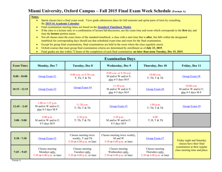 Fall 2015 Exam Schedule