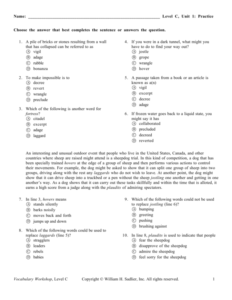 Level C, Unit 1: Practice Vocabulary Workshop - Sadlier