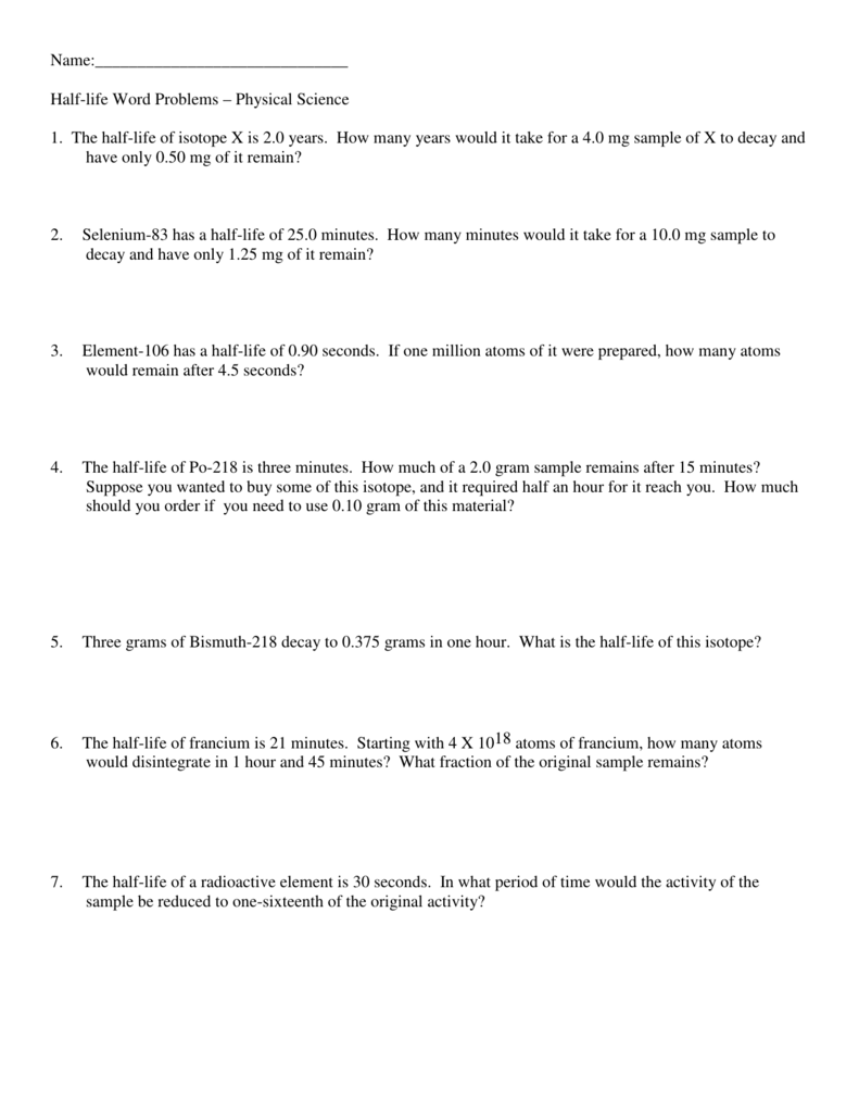 Half Life Problems Chemistry Worksheet With Answers