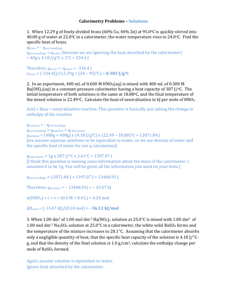 Ws Chem 11 Hl Calorimetry Problems