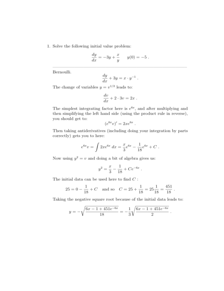 1 Solve The Following Initial Value Problem Dy Dx 3y X Y Y 0