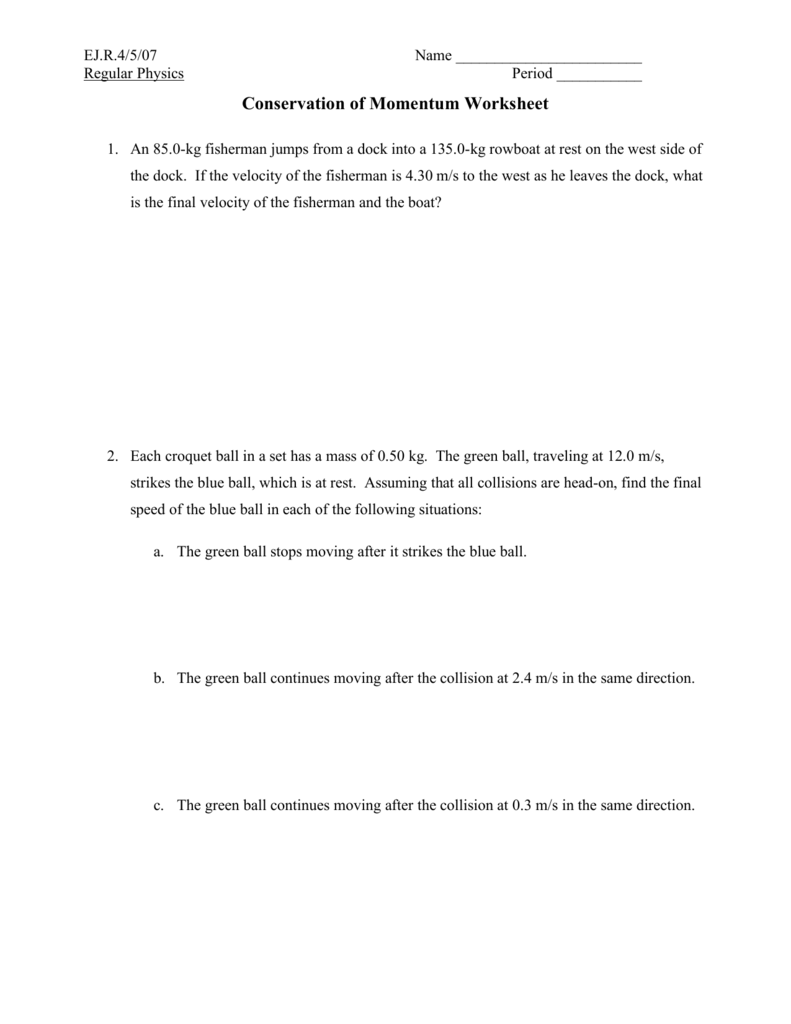 Conservation of Momentum Worksheet With Regard To Momentum Worksheet Answer Key