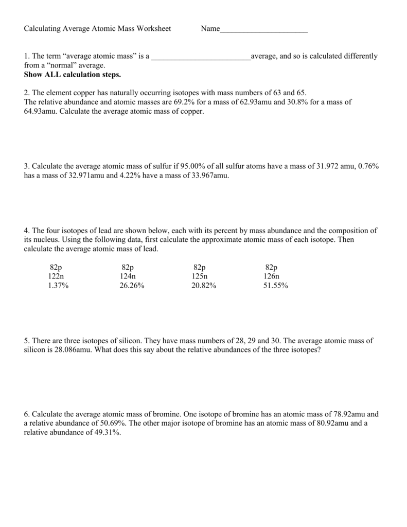 Calculating Average Atomic Mass Worksheet Name