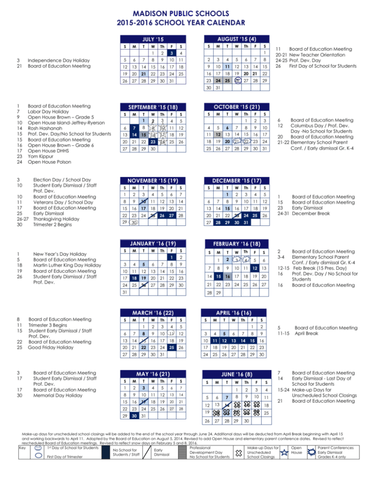 One Page Calendar Madison Public Schools