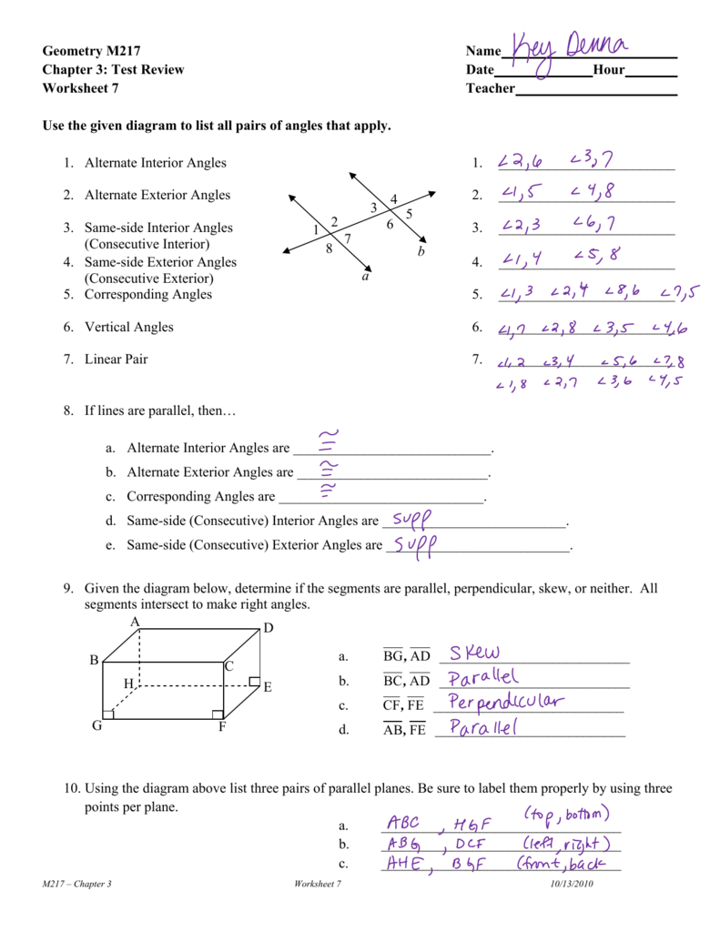 Geometry M217 Name Chapter 3 Test Review Date Hour