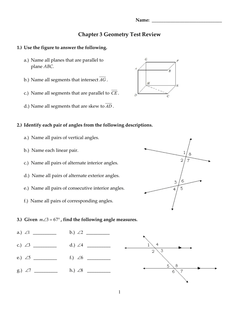 Chapter 3 Test Form 1 Geometry Answers
