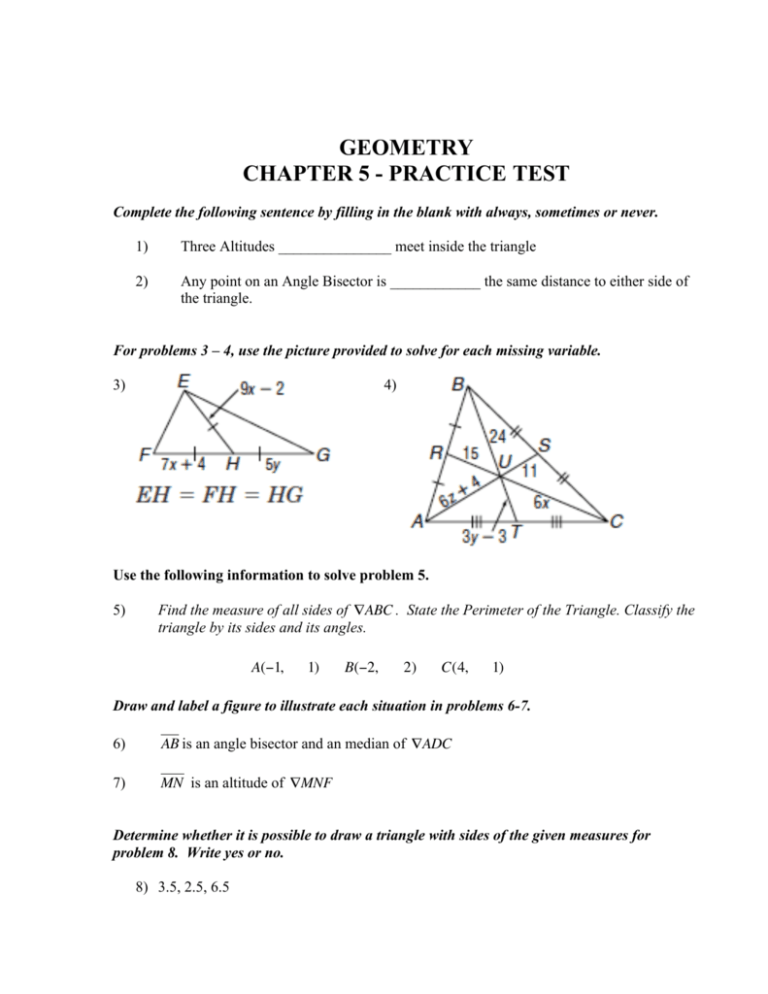 GEOMETRY Chapter 5 Test PRACTICE TEST