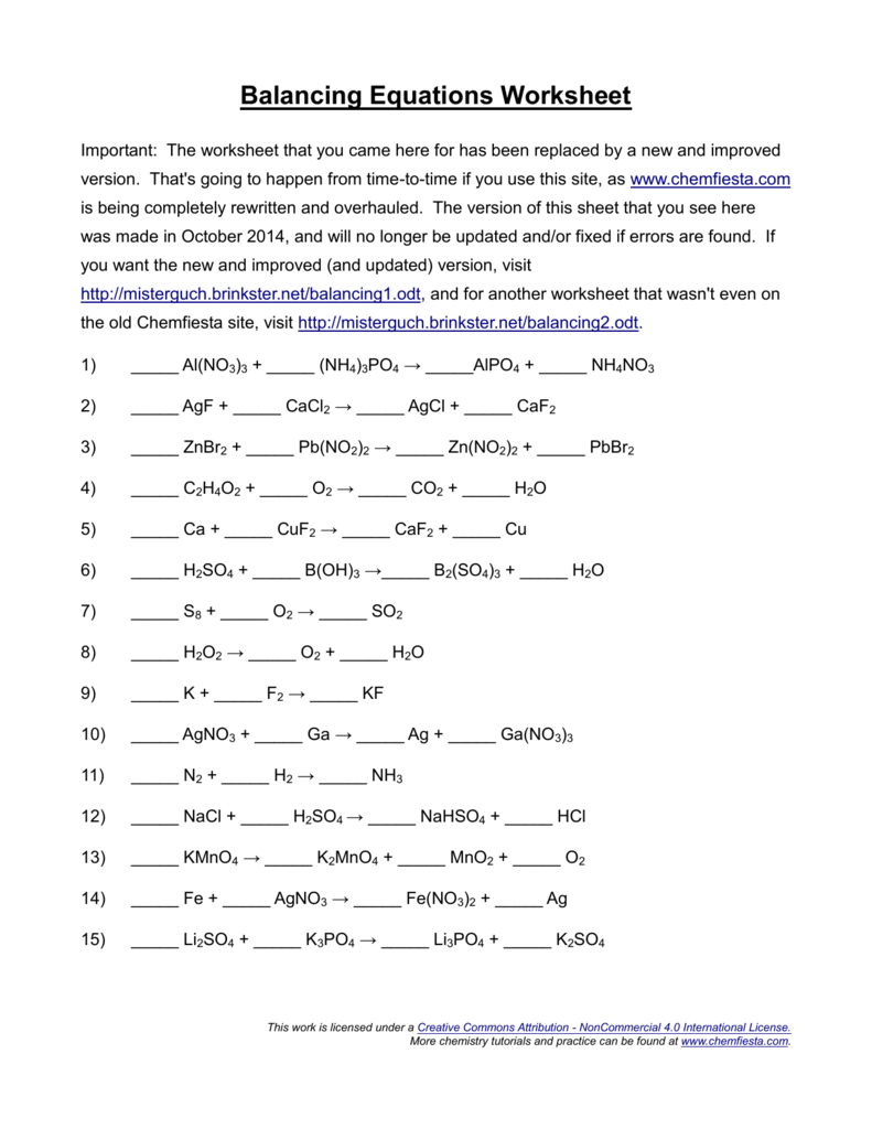 Balancing Equations Worksheet Intended For Balancing Chemical Equations Worksheet 1