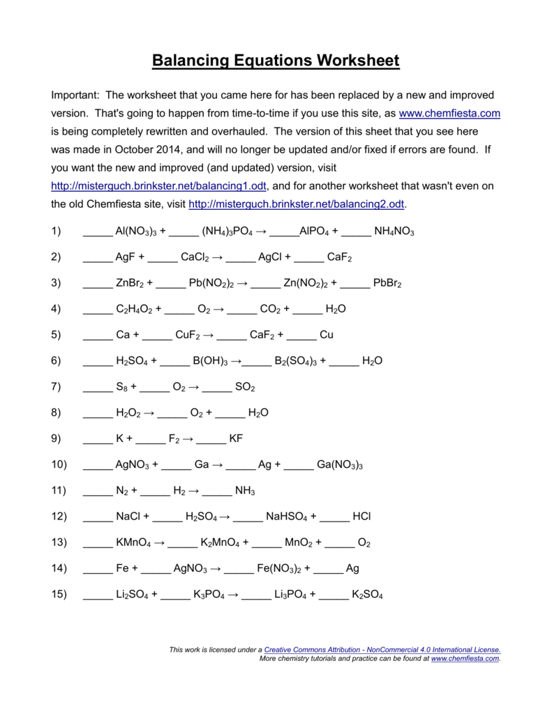 Balancing Equations Worksheet Inside Worksheet Balancing Equations Answers