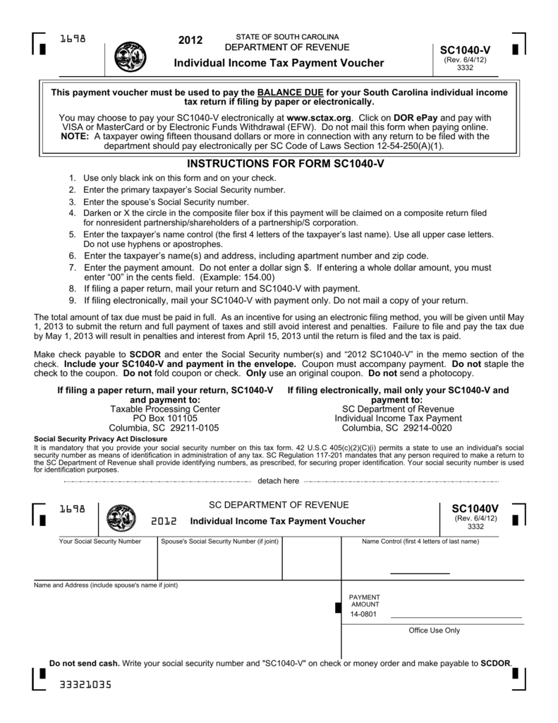 2012 Individual Income Tax Payment Voucher SC1040