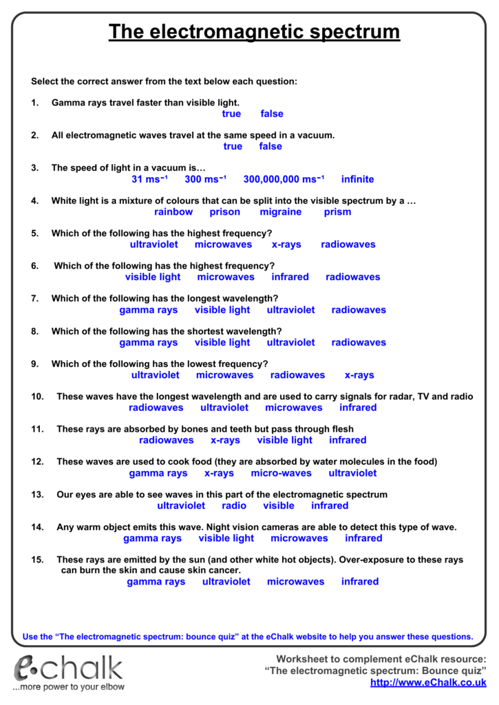 The Electromagnetic Spectrum Worksheet Answers