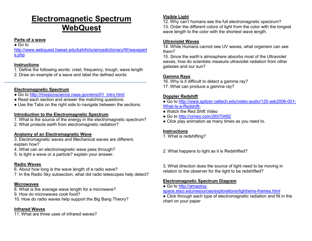 Electromagnetic Spectrum Chart Worksheet