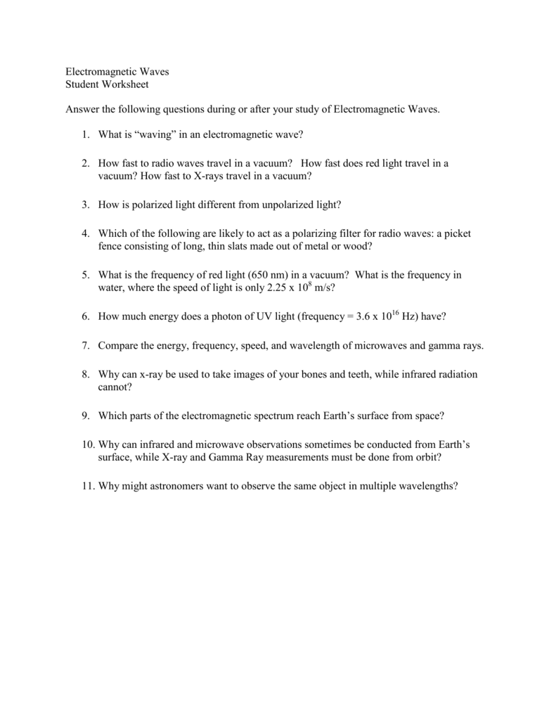 Electromagnetic Waves Student Worksheet Answer Intended For The Electromagnetic Spectrum Worksheet Answers