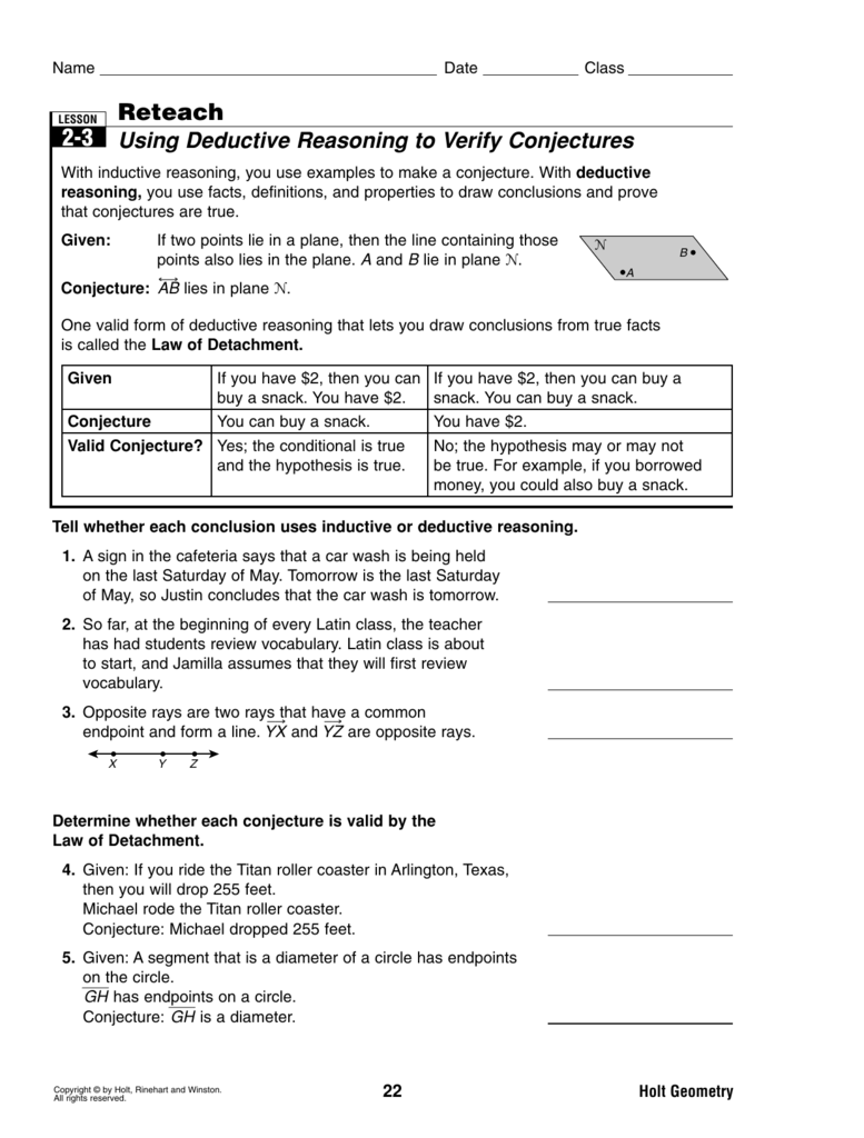 Reteach 24-24 - Denise Kapler With Inductive And Deductive Reasoning Worksheet