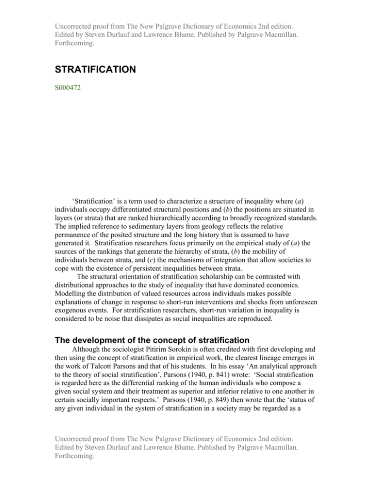sociology essays on stratification