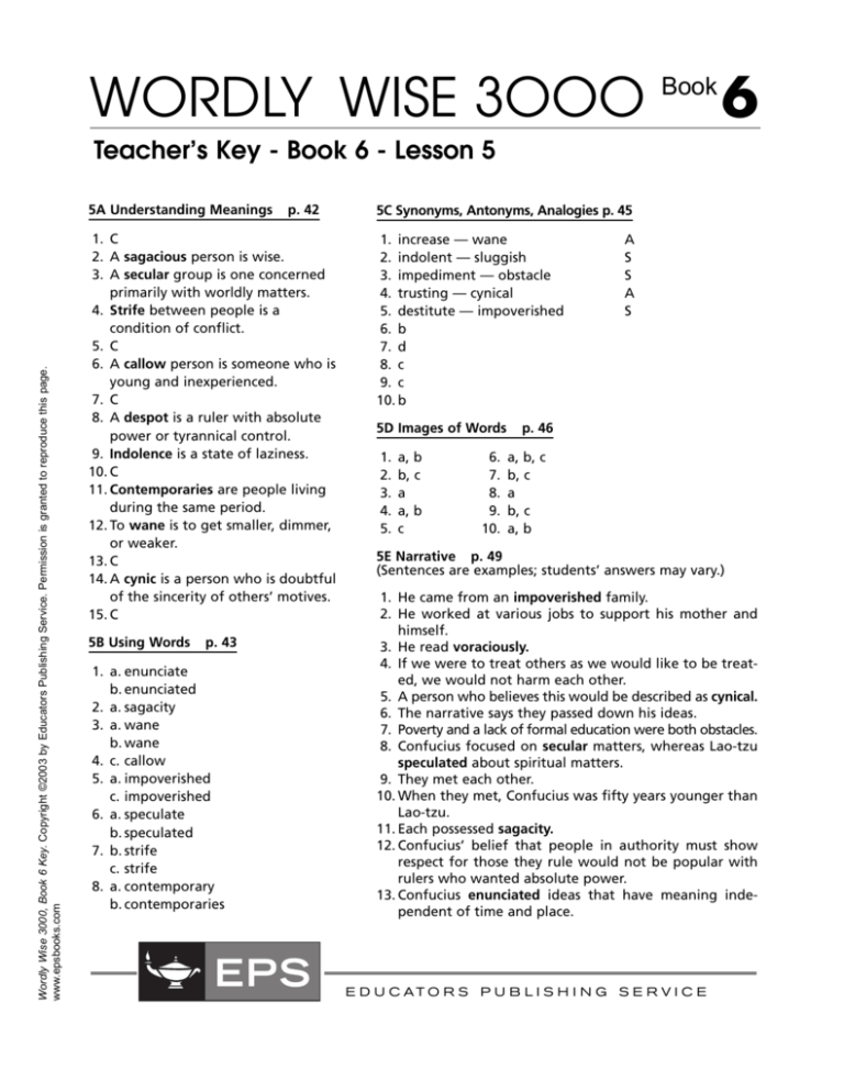 Wordly Wise 3000 Book 6 Lesson 15 Answer Key Pdf : Wordly Wise 3000 ...