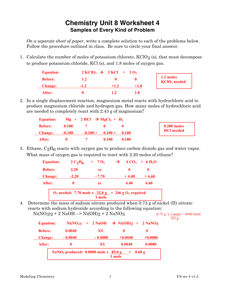 Chemistry Review Worksheet Answers