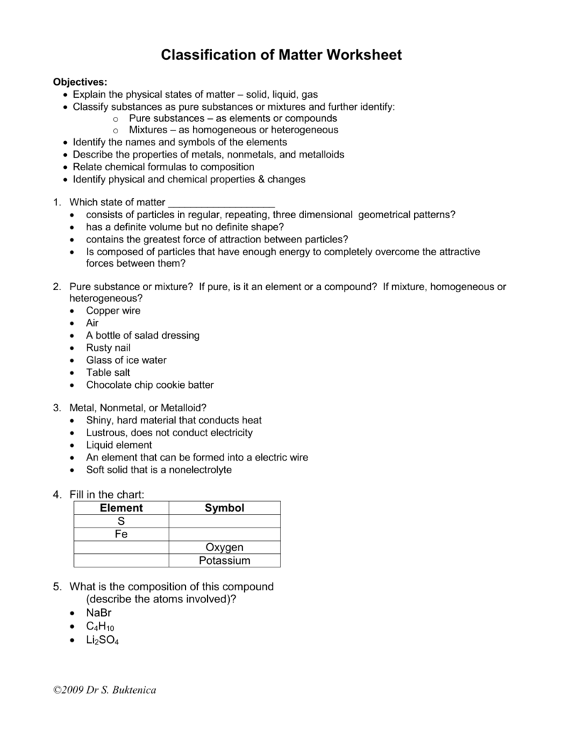 Worksheet – Elements & Compounds Within Composition Of Matter Worksheet