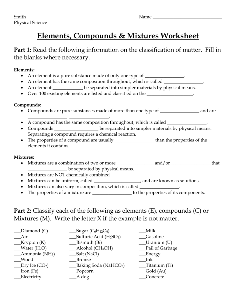 Elements And Compounds Worksheet