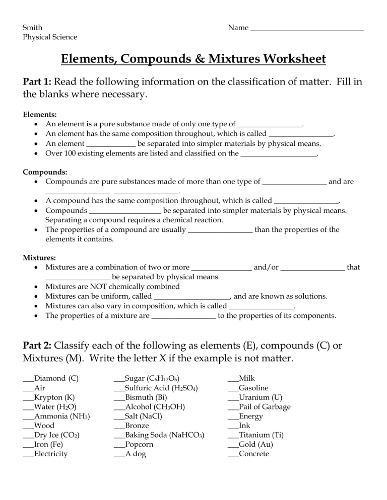 compounds and elements worksheet