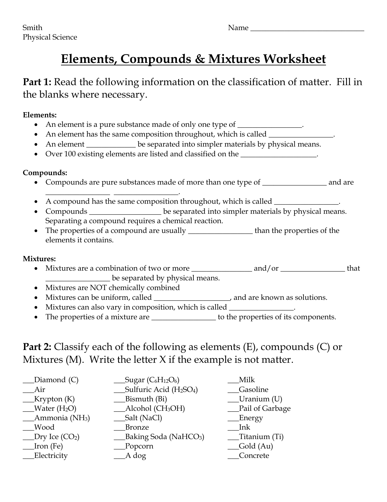 Elements, Compounds & Mixtures Worksheet In Element Compound Mixture Worksheet